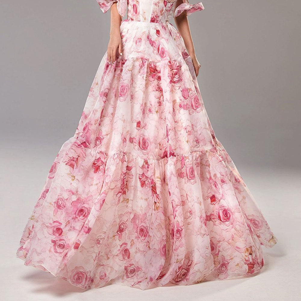 Women's Maxi Organza Dress with Floral Print and Bow Straps