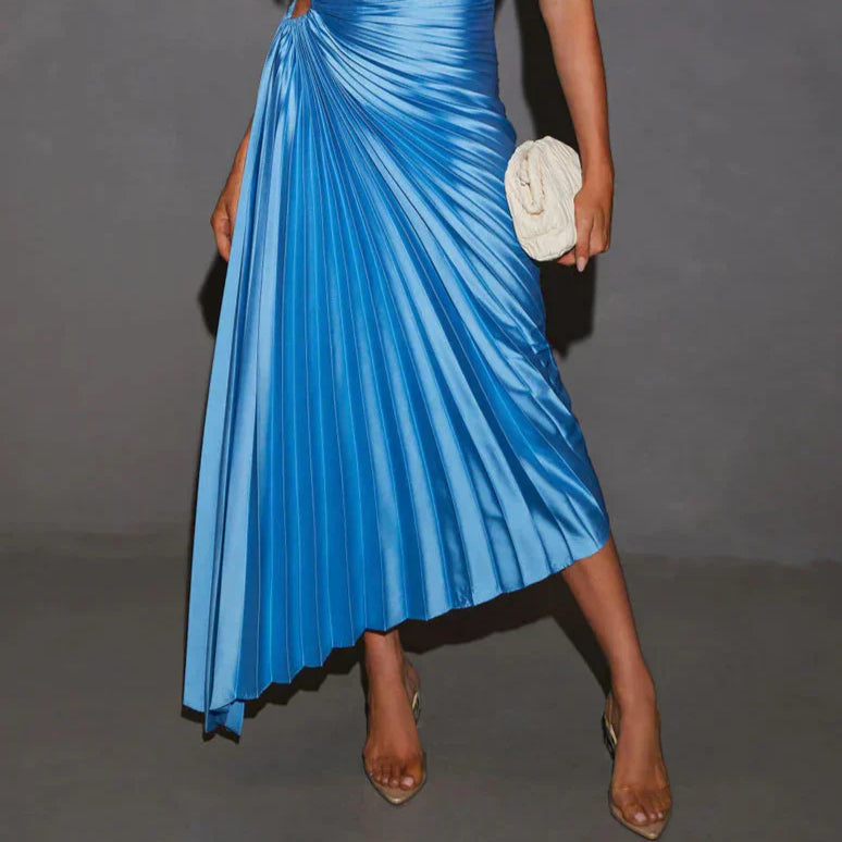 Women's Elegant Bold Satin Pleated Dress with Stylish Cutouts