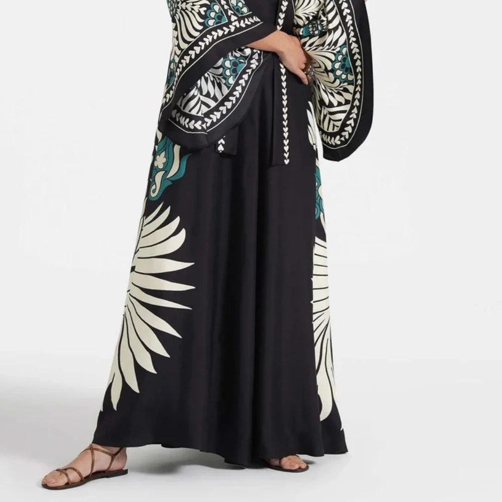 Women's Elegant Maxi Dress with Floral Print and Cascade Sleeves