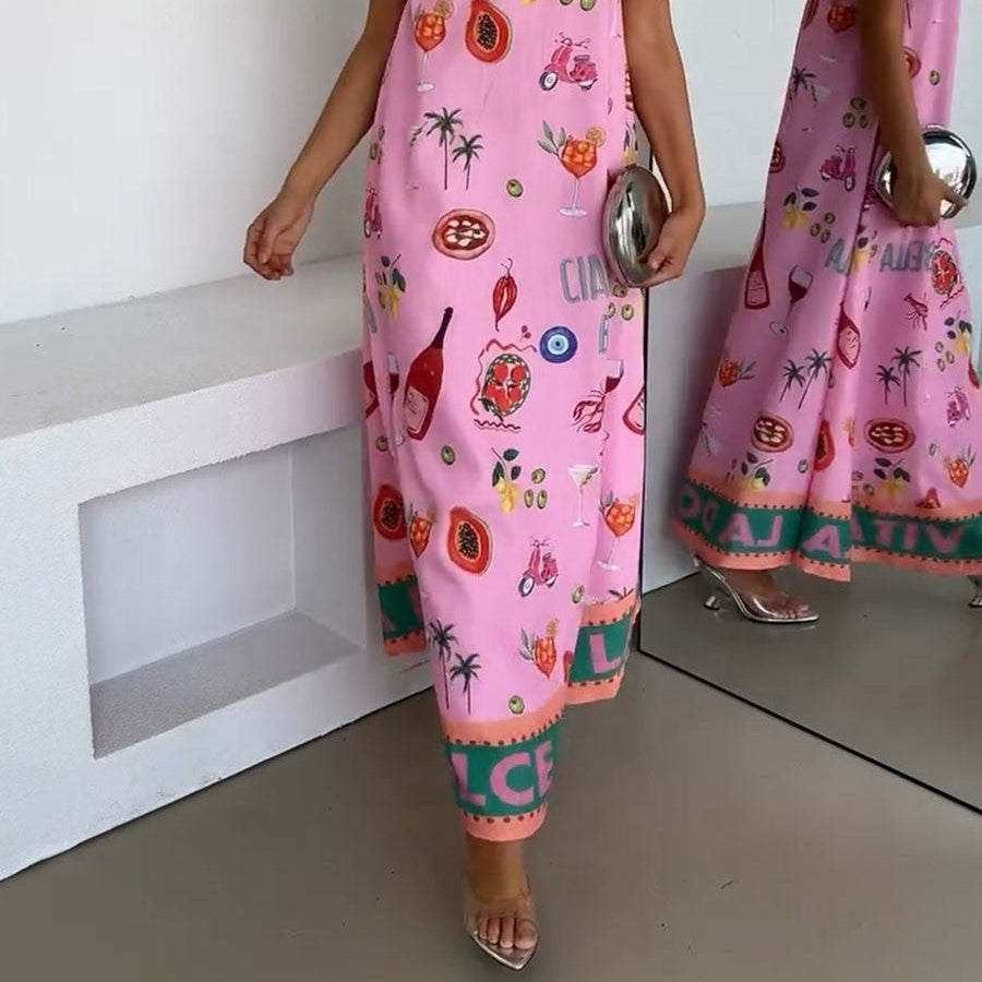 Women's Pink Tube Summer Dress with Vacation Print for a Casual