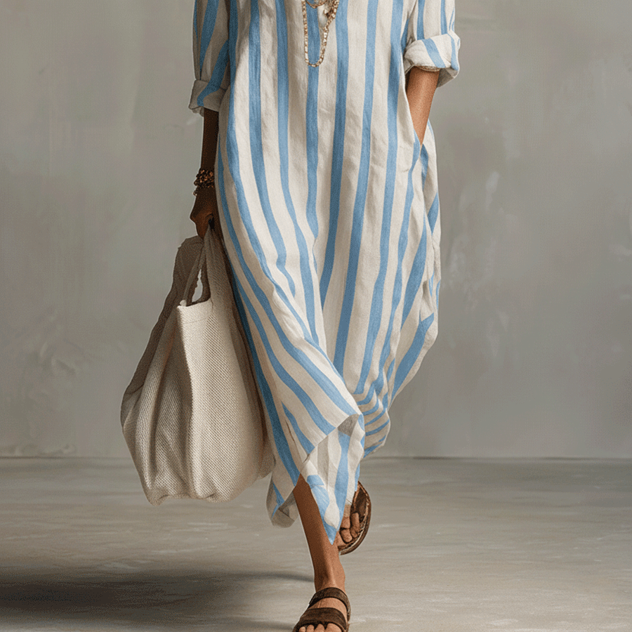 Women's Chic Casual Striped Shirt Maxi Dress
