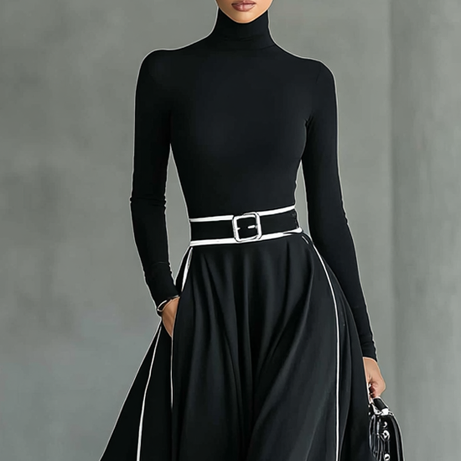 Women's Elegant Black Maxi Dress with White Stitching, High Neck