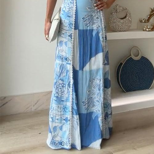Women's Elegant Ric Rac Straps Bow Back Printed Maxi Cami Dress