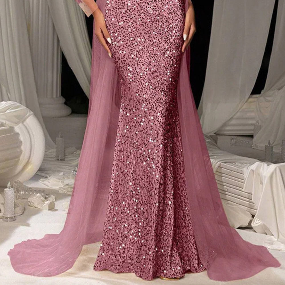 Women's Long evening gown in dark brown sequin lace