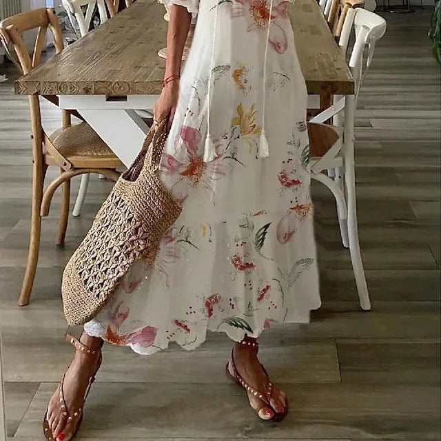 Women's Elegant Casual Long Dress with V-Neck Print