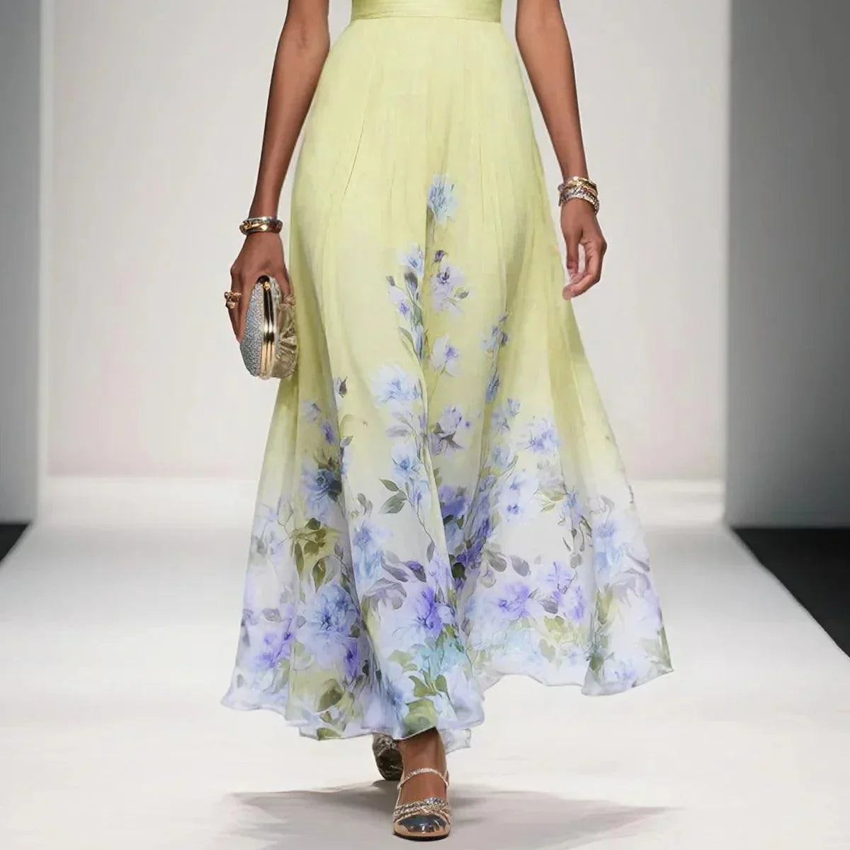 Women's Elegant Light Blue Floral Chiffon V-Neck Sleeveless A-Line