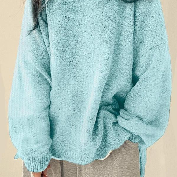 Women's Drop-Shoulder Sweater with Split Hem and Round Neck