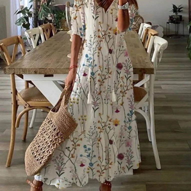 Women's Elegant Casual Long Dress with V-Neck Print