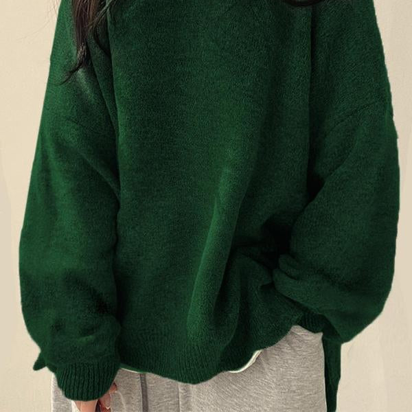 Women's Drop-Shoulder Sweater with Split Hem and Round Neck