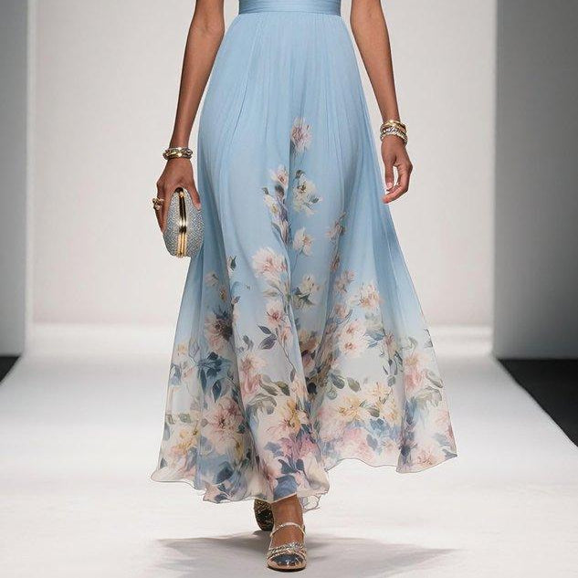 Elegant Light Blue Floral Chiffon V-Neck Sleeveless A-Line Long Dress