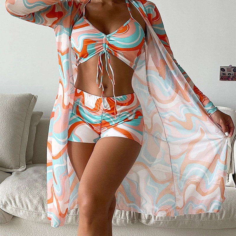 Women's 3-Piece Printed Bikini Set - Printed Bikini With Cover-Up
