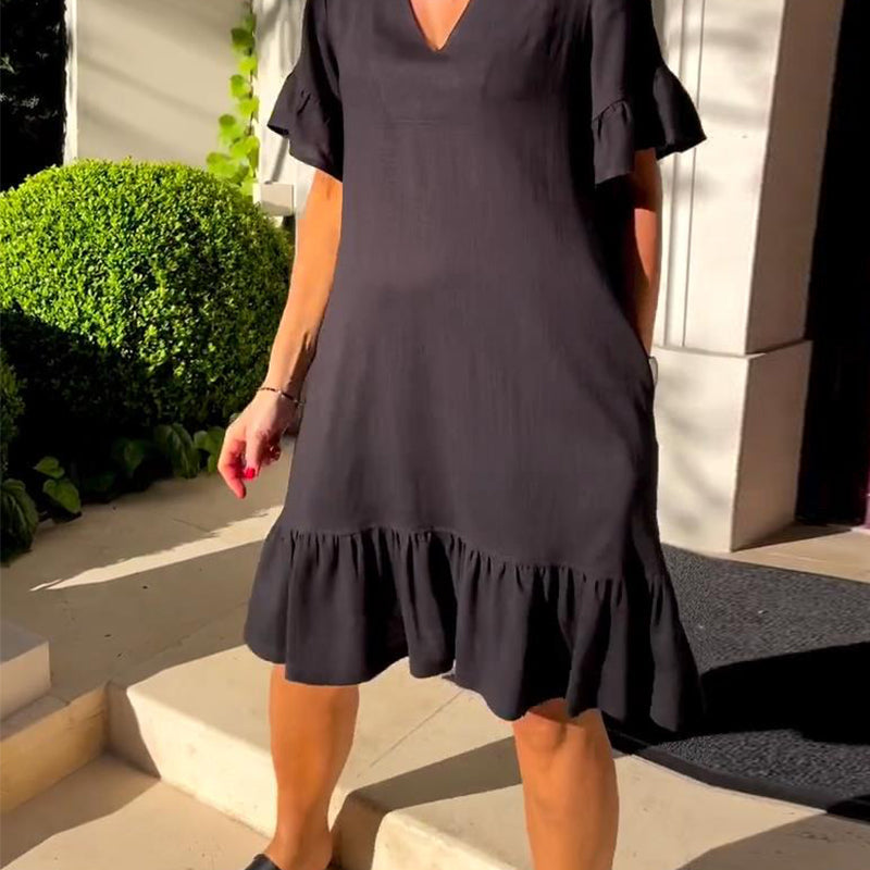 Women's V-Neck A-Line Dress with Short Flared Sleeves