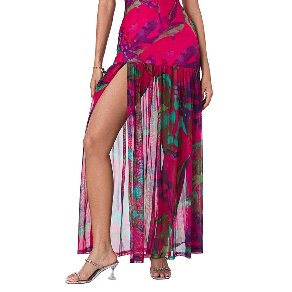 Women's Maxi Flared Strapless Dress with Slit Skirts for an