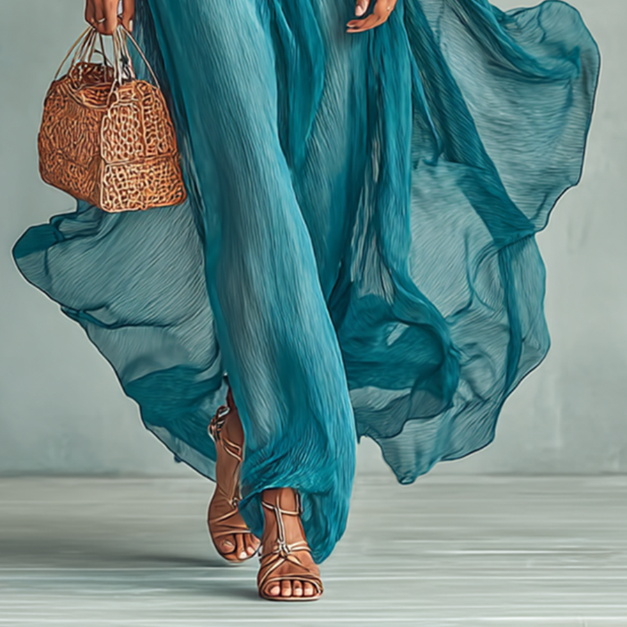 Elegant Maxi Dress for Women – Round Neck, Long Sleeves, and