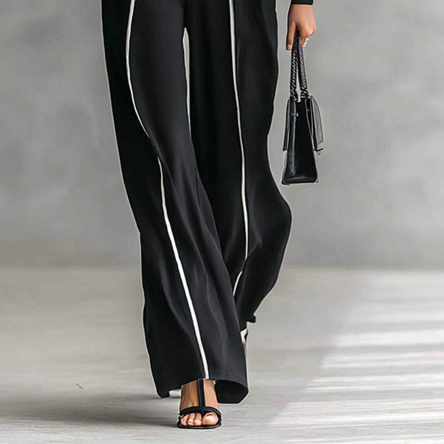 Chic Women's Two-Piece Set: High-Neck Long-Sleeve Top, Wide-Leg