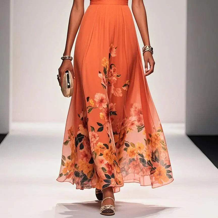 Elegant Light Blue Floral Chiffon V-Neck Sleeveless A-Line Long Dress