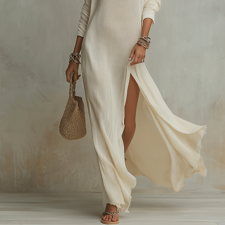 Women's Bohemian One-Shoulder Textured Maxi Dress in Soft Ivory –