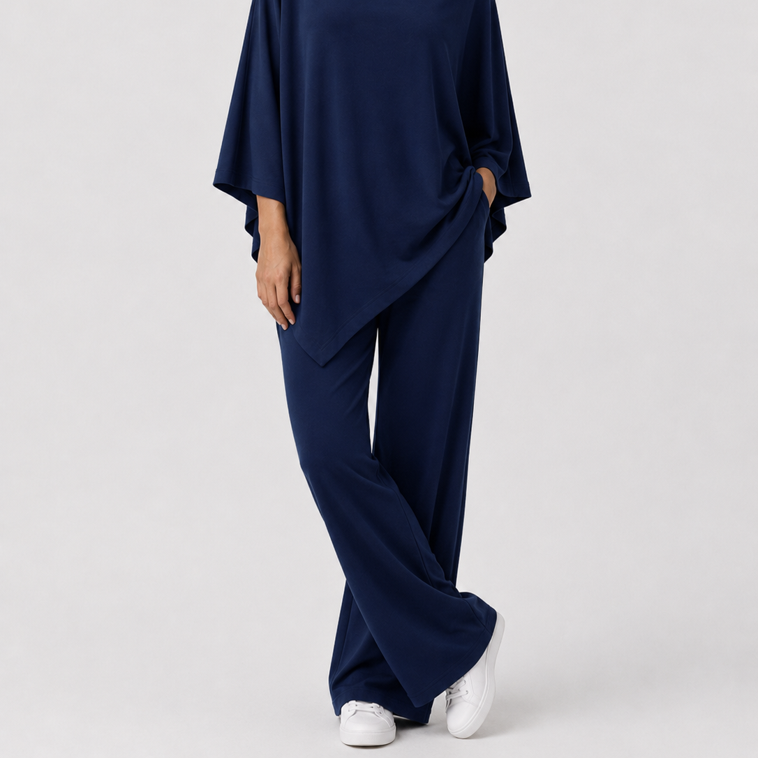 Two-Piece Set : Alyris Women's Two-Piece Poncho Set – Cowl Neck Top & Straight-Leg Pants in Navy van DUUWE