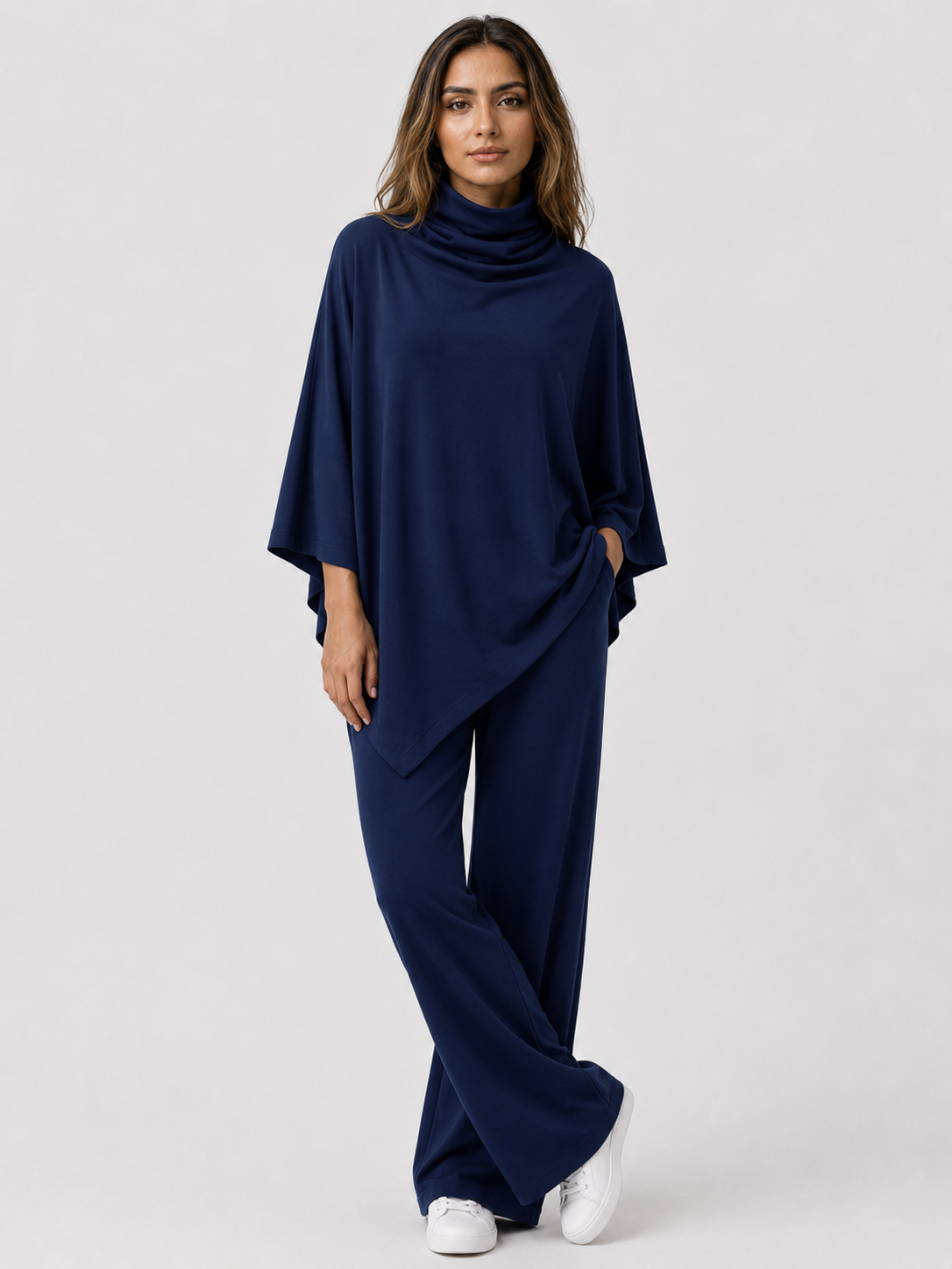 Two-Piece Set : Alyris Women's Two-Piece Poncho Set – Cowl Neck Top & Straight-Leg Pants in Navy van DUUWE