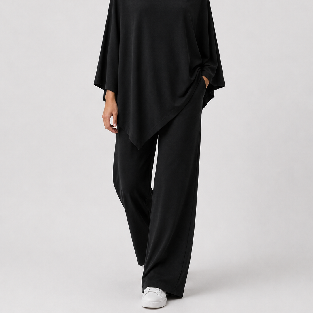 Two-Piece Set : Alyris Women's Two-Piece Poncho Set – Cowl Neck Top & Straight-Leg Pants in Black van DUUWE