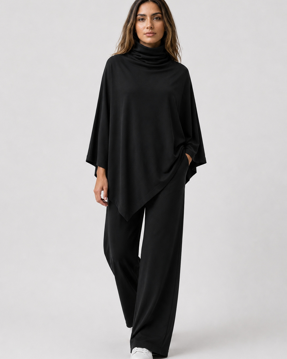 Two-Piece Set : Alyris Women's Two-Piece Poncho Set – Cowl Neck Top & Straight-Leg Pants in Black van DUUWE