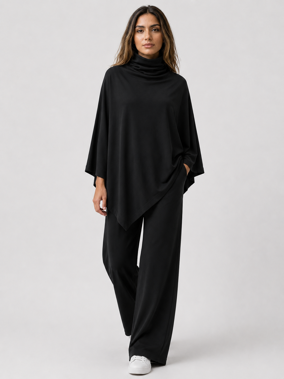 Two-Piece Set : Alyris Women's Two-Piece Poncho Set – Cowl Neck Top & Straight-Leg Pants in Black van DUUWE