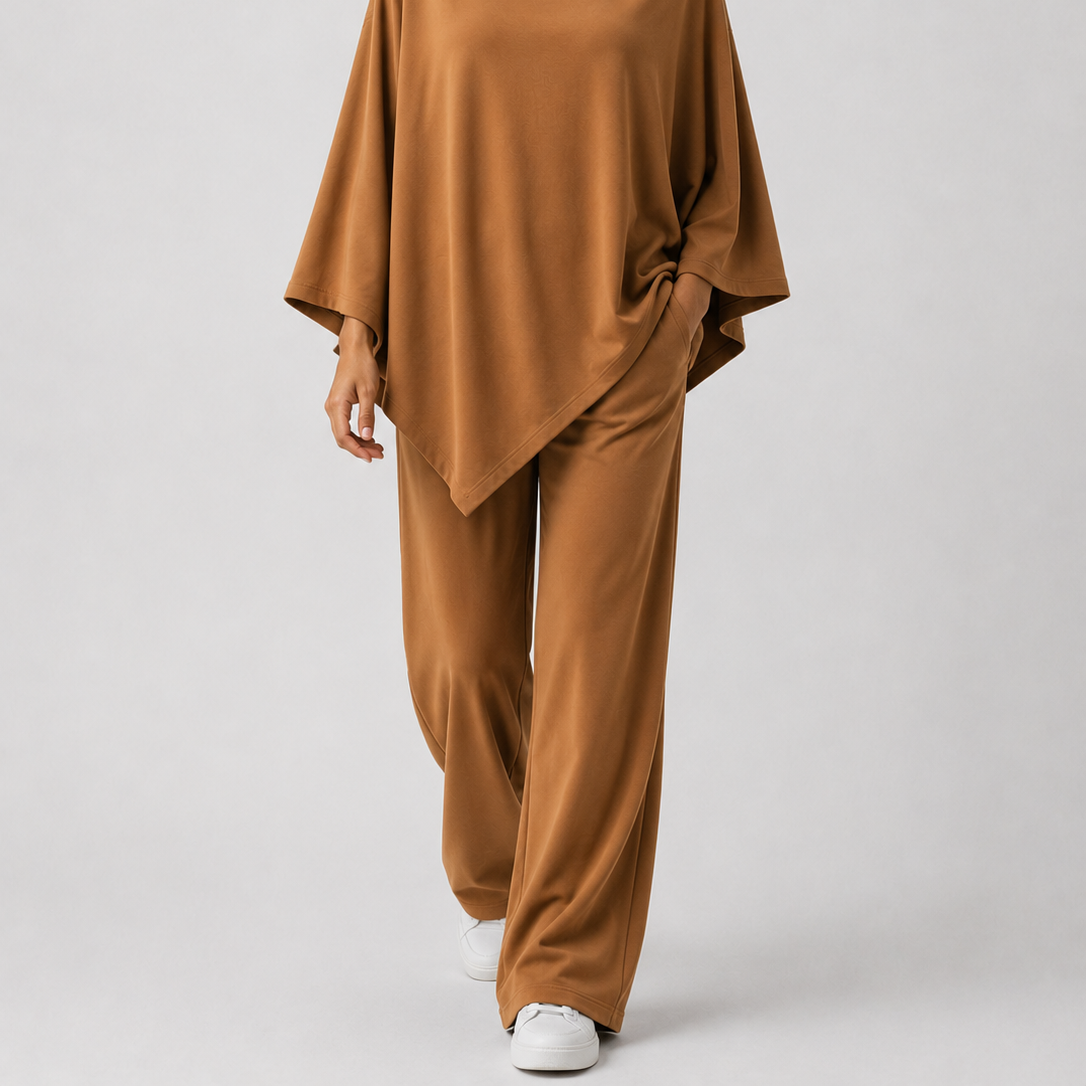 Two-Piece Set : Alyris Women's Two-Piece Poncho Set – Cowl Neck Top & Straight-Leg Pants in Khaki van DUUWE