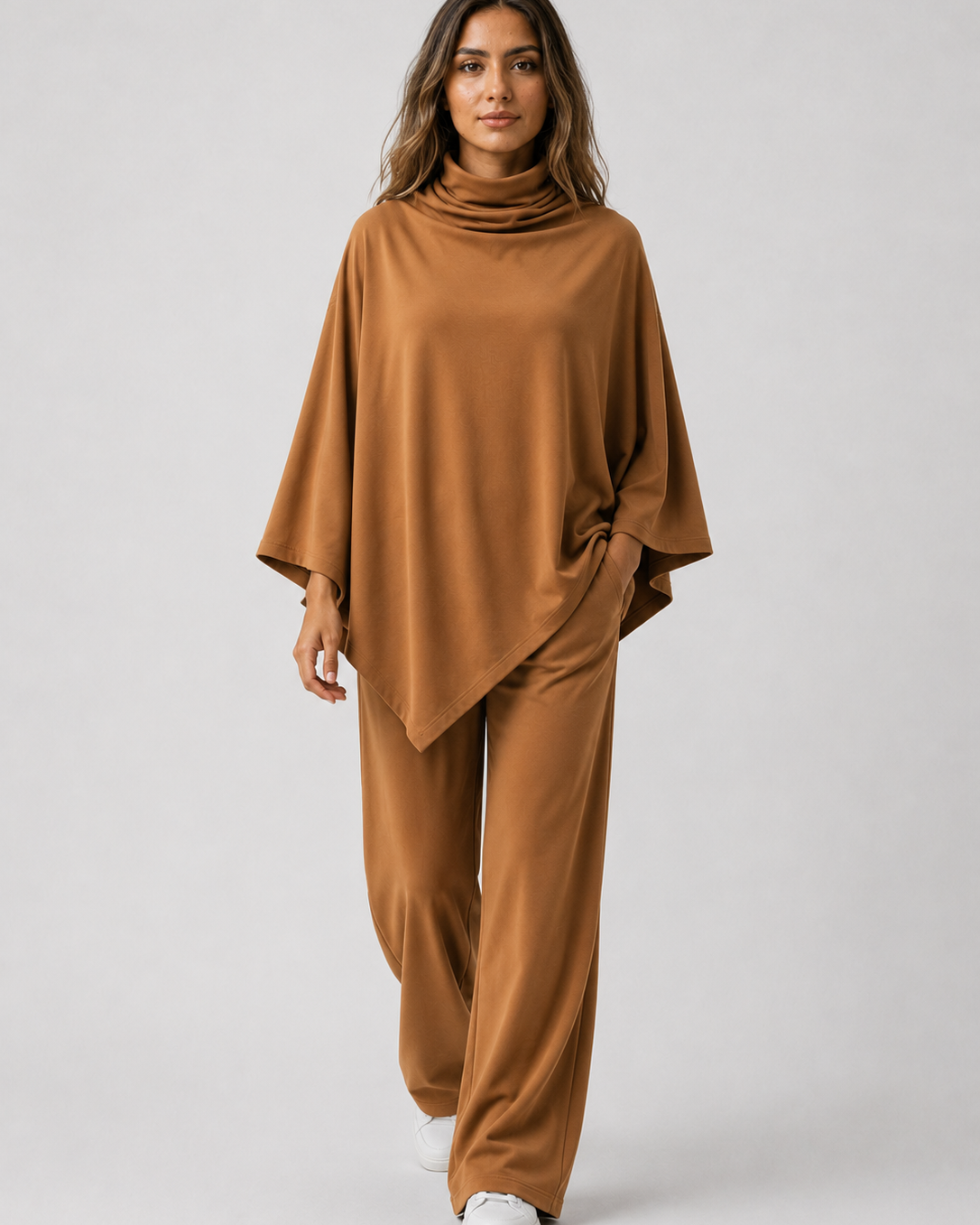 Two-Piece Set : Alyris Women's Two-Piece Poncho Set – Cowl Neck Top & Straight-Leg Pants in Khaki van DUUWE