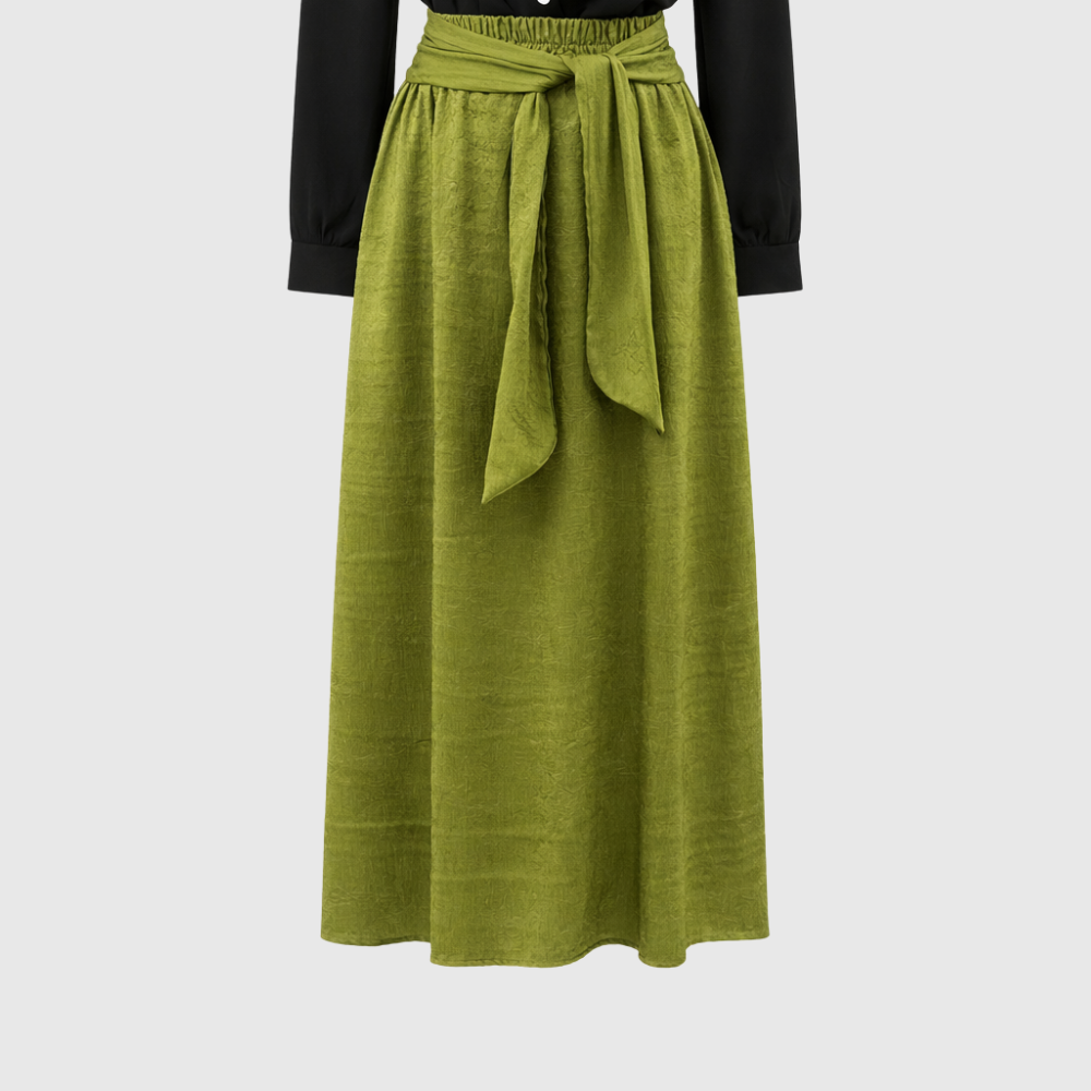 Women's Effortless Boho-Chic Black Blouse & Olive Satin Midi Skirt Set
