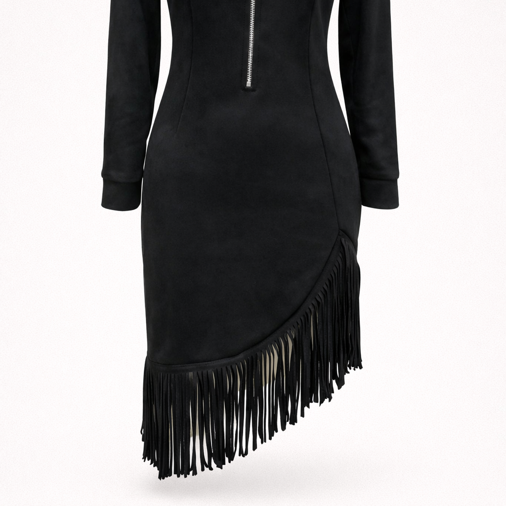 Women's Suede midi dress with long sleeves and irregular fringes