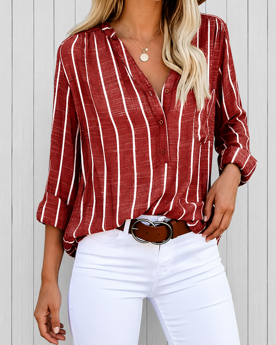 Clothing > Blouses : Lilac™ | Stylish striped blouse in Red van DUUWE