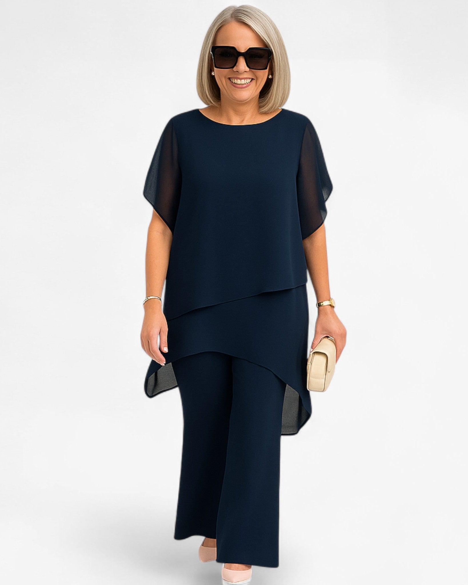 Chiffon Top with Relaxed-Fit Pants Set