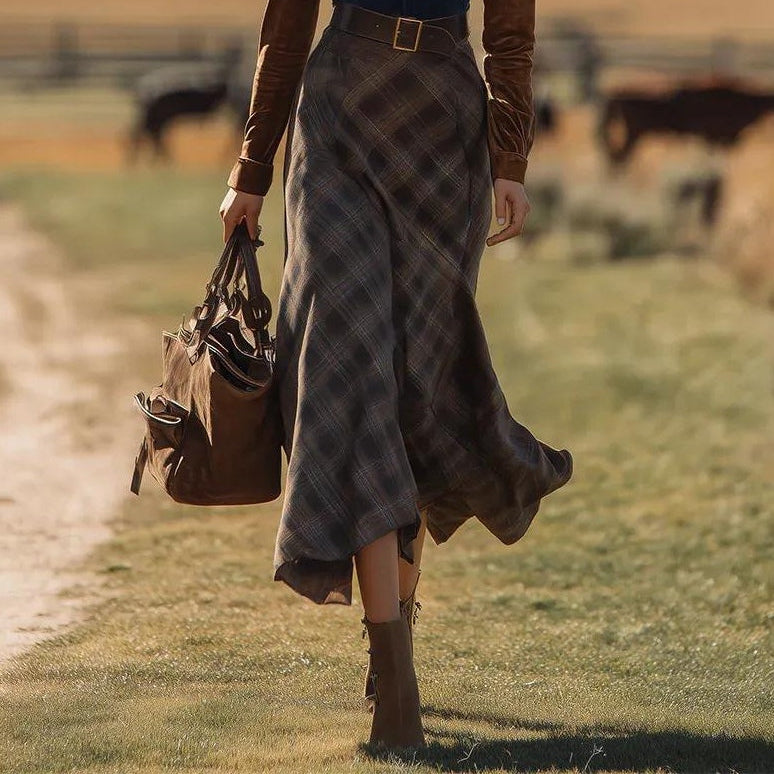 Women's Chic Western Maxi Dress with Plaid Pattern and Belt (Belt