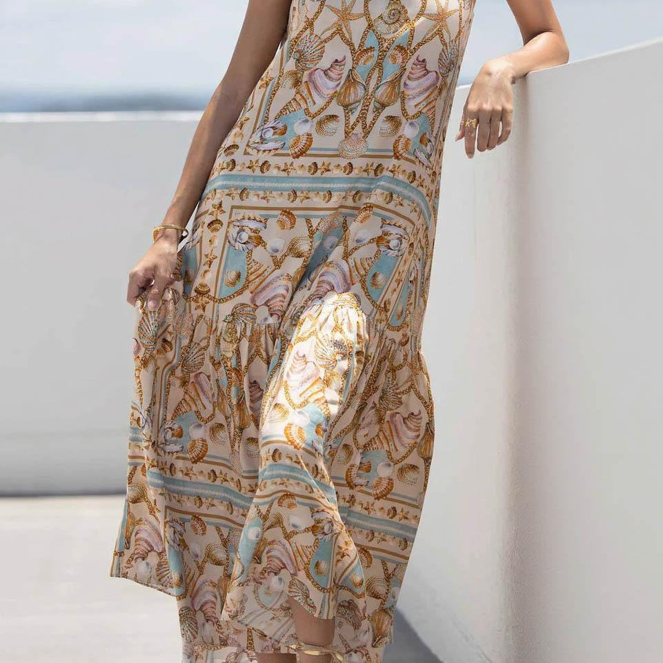 Women's Elegant Satin Maxi Dress with Marine Treasure Pattern