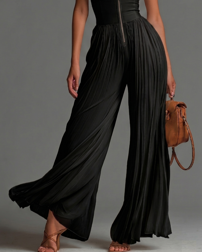 : Zsófia Jumpsuit - Black Pleated Chiffon in van Cow Clothing