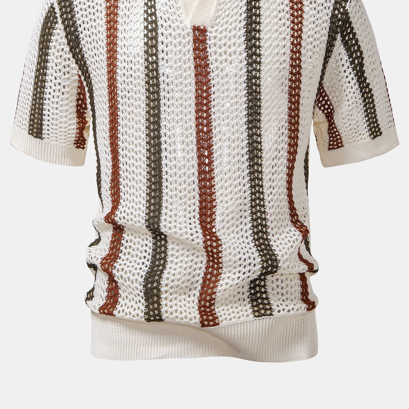 Men's Striped Crochet V-Neck Polo Shirt