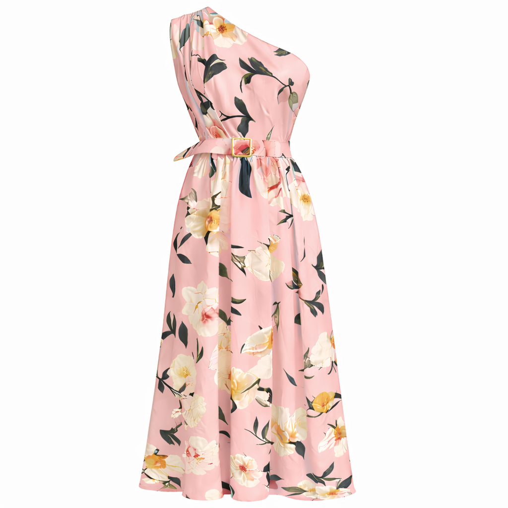 Elegant Light Green Floral One-Shoulder Ruched A-Line Maxi Dress in Chiffon