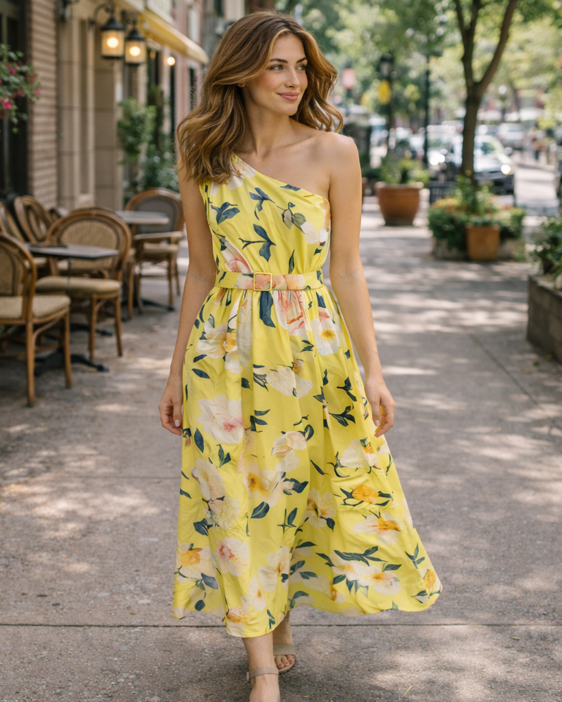 Elegant Light Green Floral One-Shoulder Ruched A-Line Maxi Dress in Chiffon