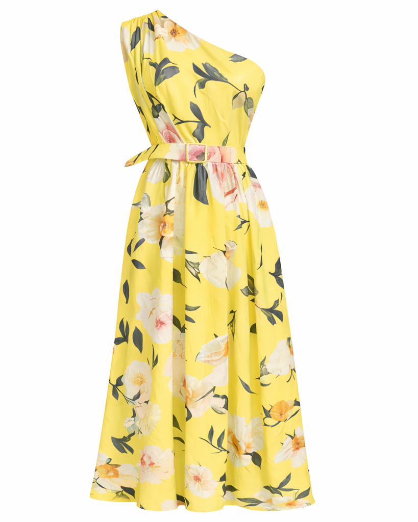 Elegant Light Green Floral One-Shoulder Ruched A-Line Maxi Dress in Chiffon