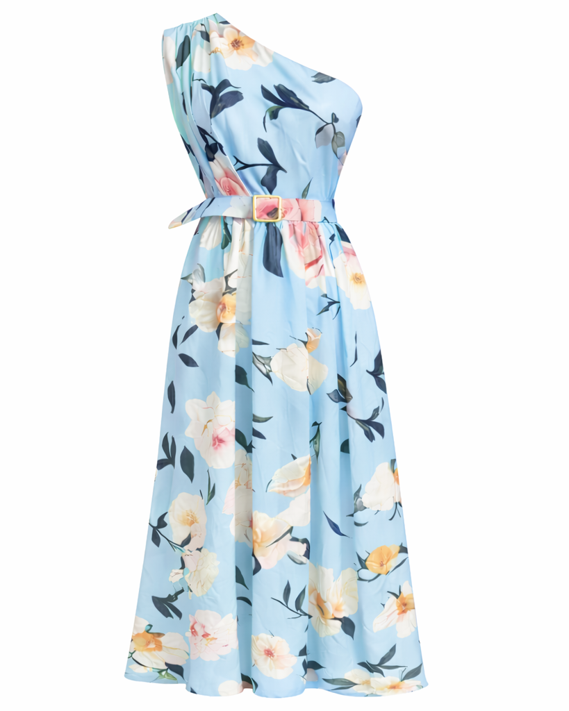 Elegant Light Green Floral One-Shoulder Ruched A-Line Maxi Dress in Chiffon
