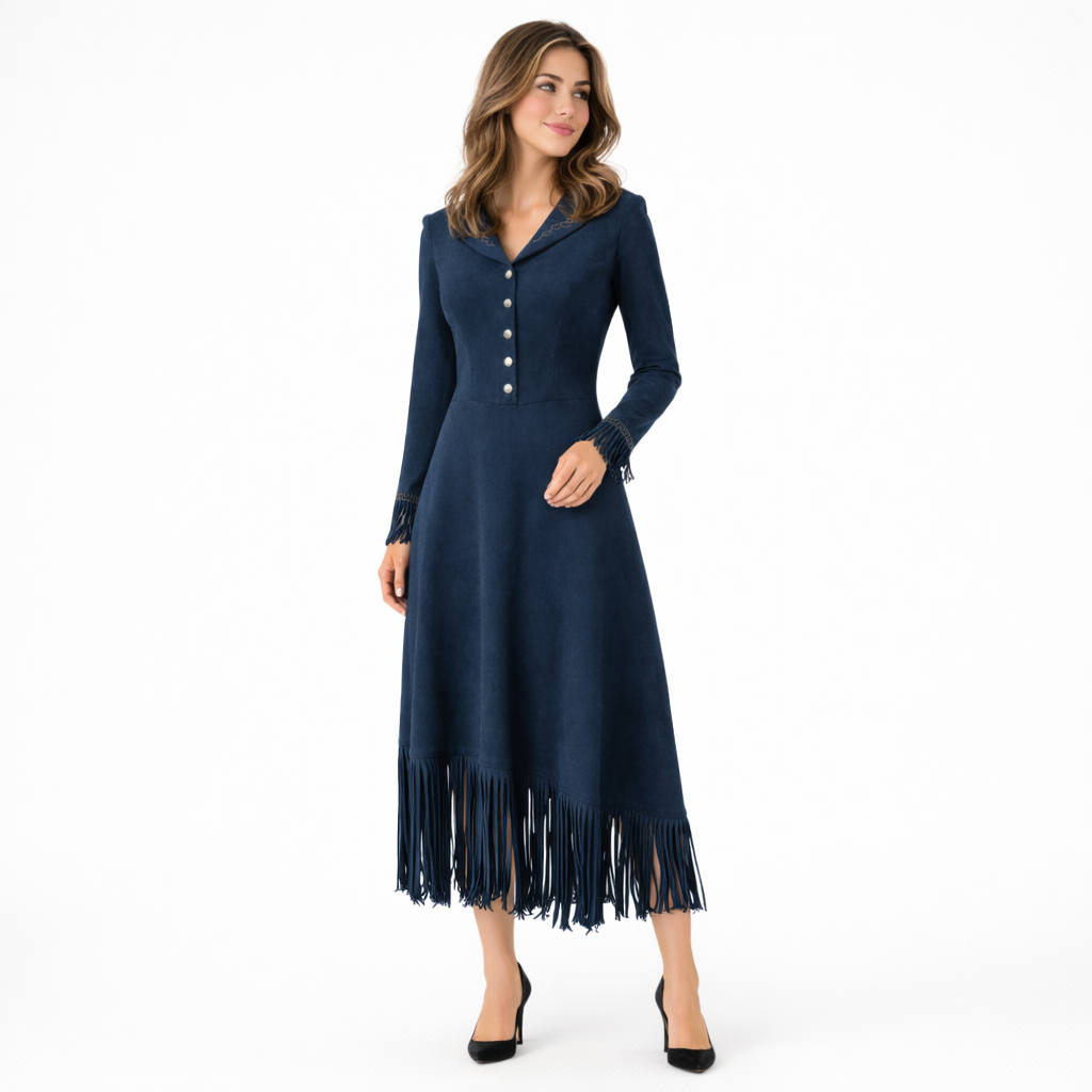 Elegant Retro Embroidered Maxi Dress with Tassels and Belt