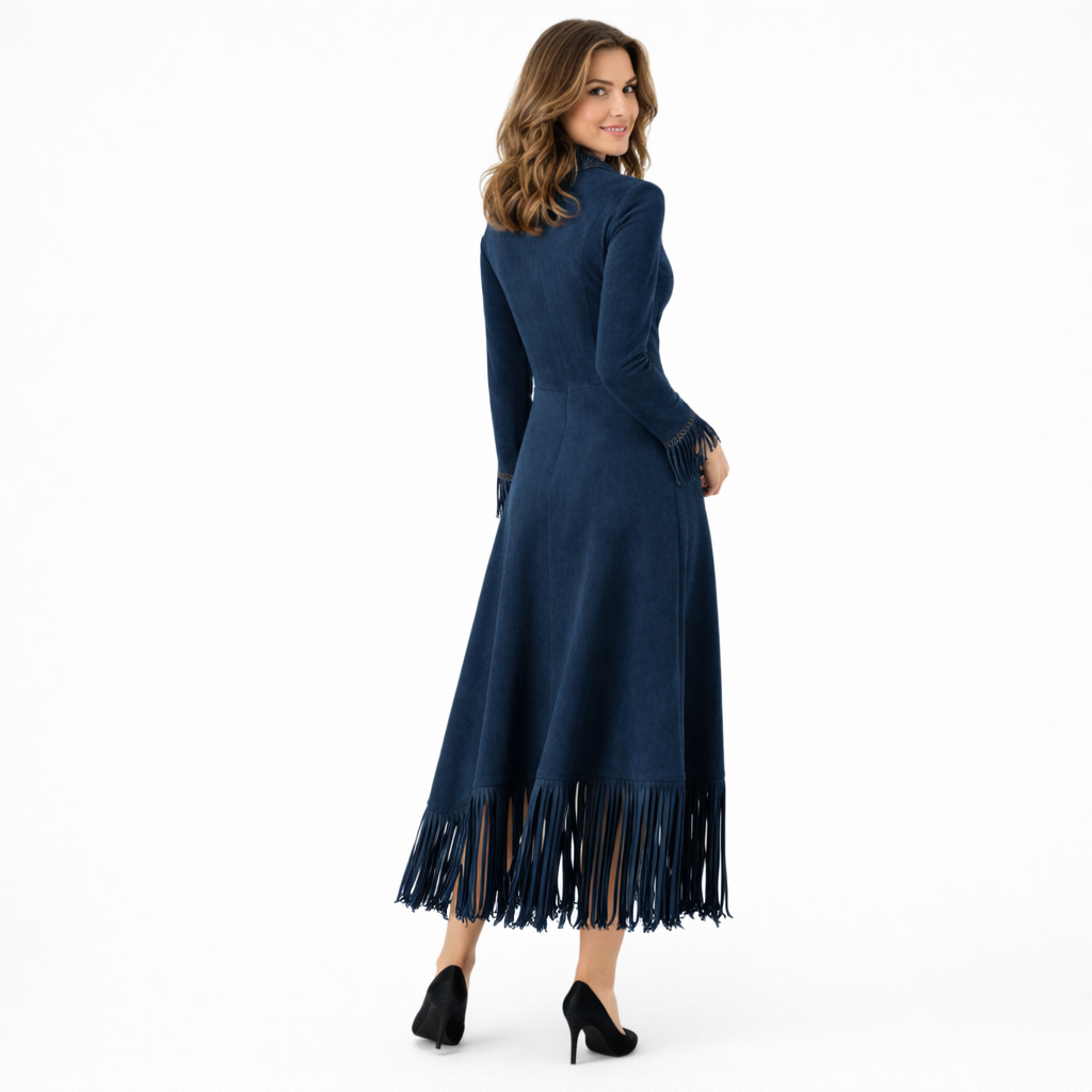 Elegant Retro Embroidered Maxi Dress with Tassels and Belt