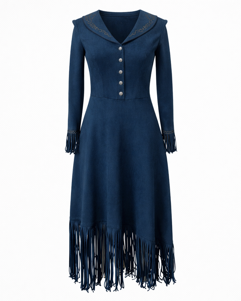 Elegant Retro Embroidered Maxi Dress with Tassels and Belt