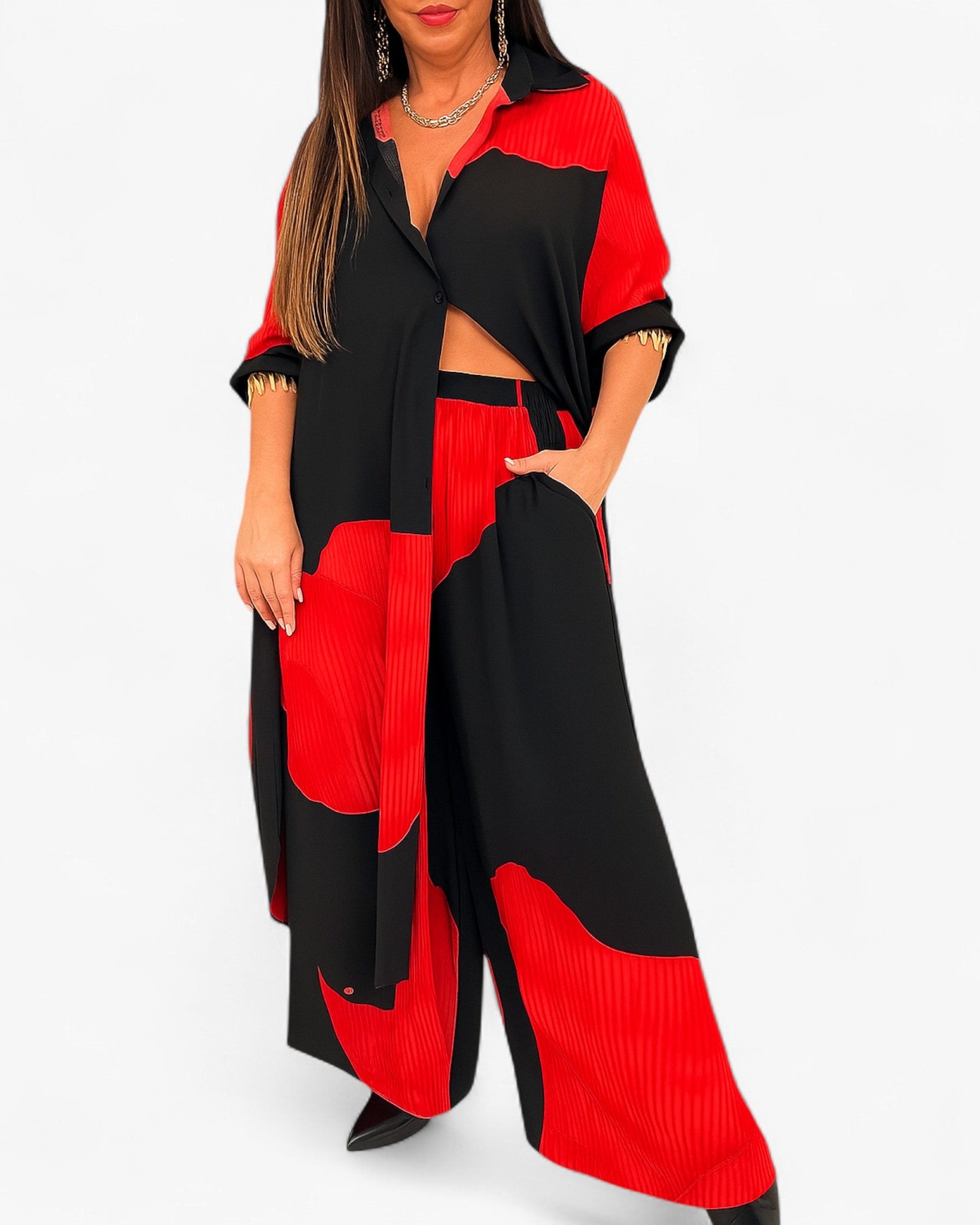 Amelia | Kvinders Elegant Sæt med Skjorte og Bukser - Rød-Sort - Kvinders tøj - {{ product_tags }