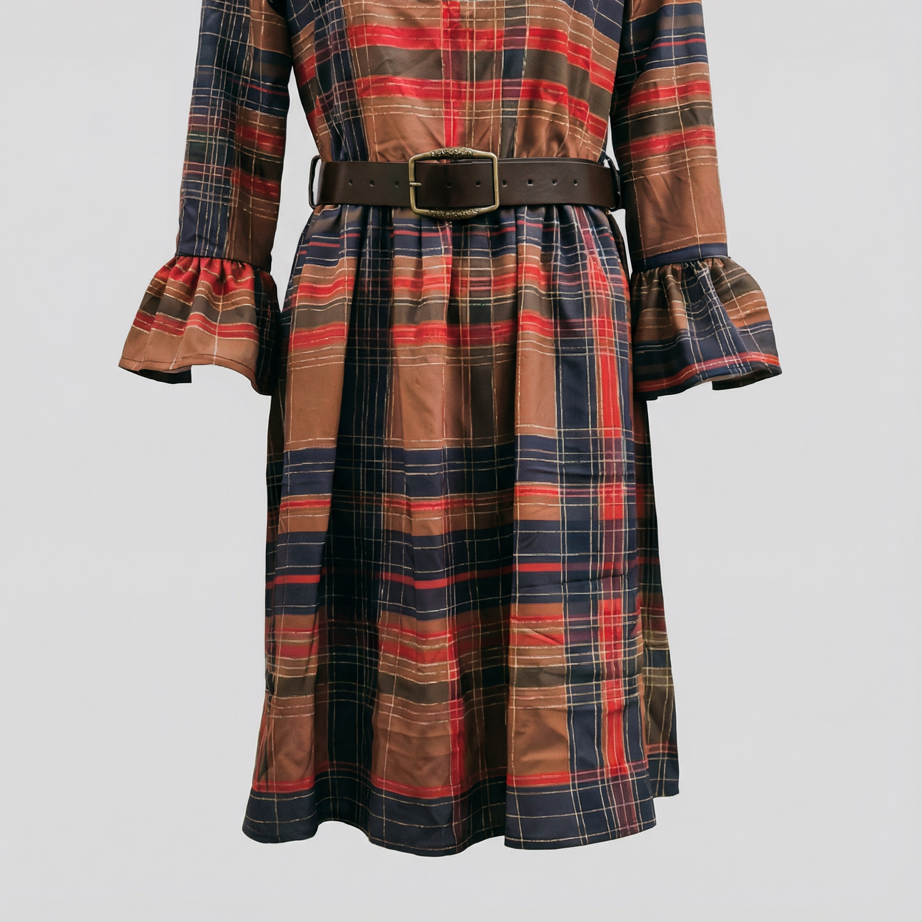 Women's Midi round-neck dress draped with color blocks and plaid