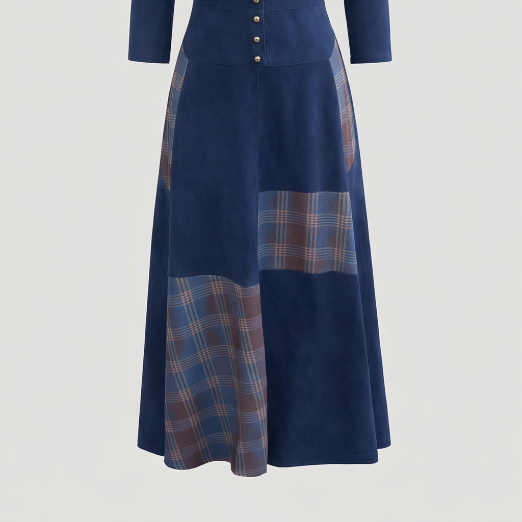 Women's Long navy blue midi skirt with vintage Western plaid