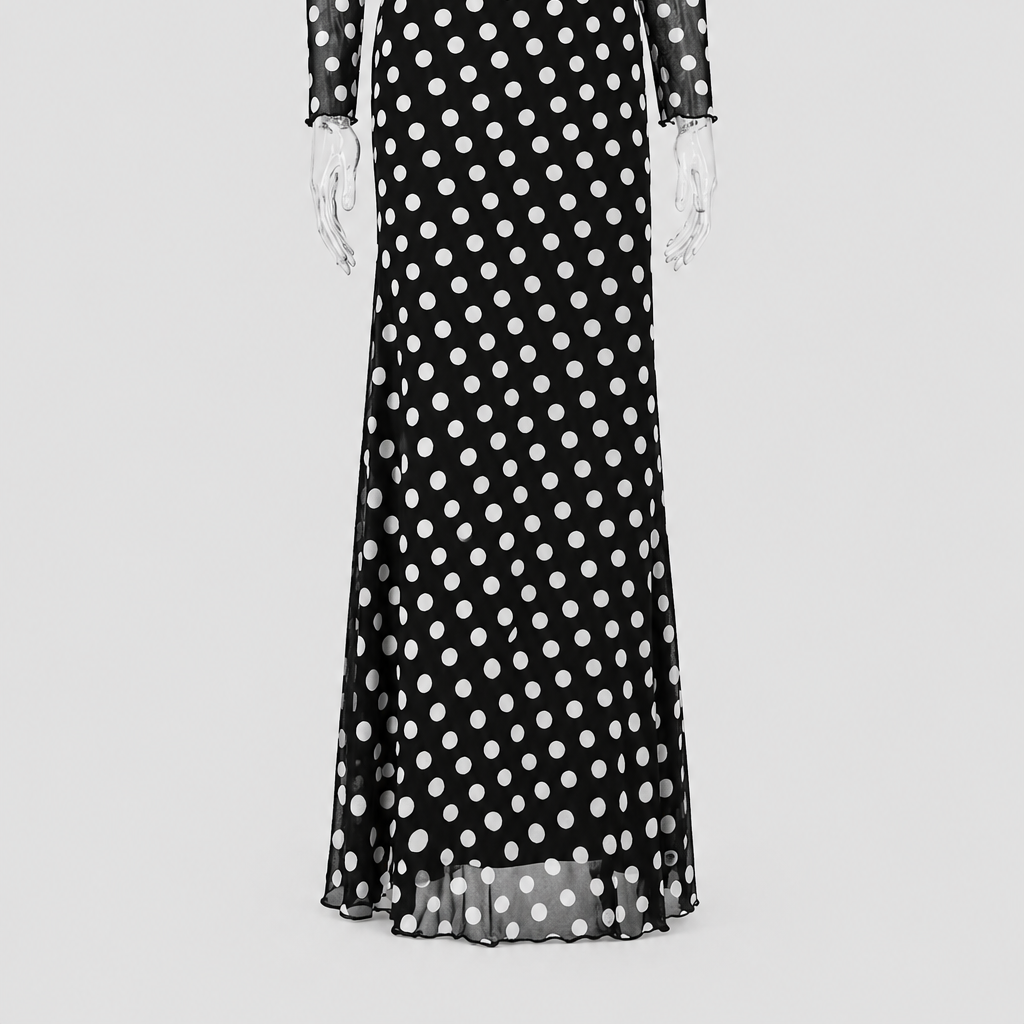 Women's Polka Dot Off-Shoulder Maxi Dress with Long Sheer Sleeves