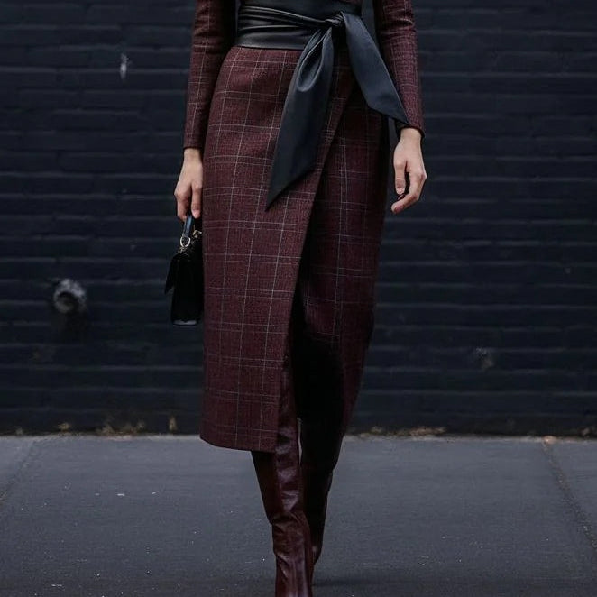 Asymmetric Dress with Sweetheart Neckline, Plaid Belt, Elegant