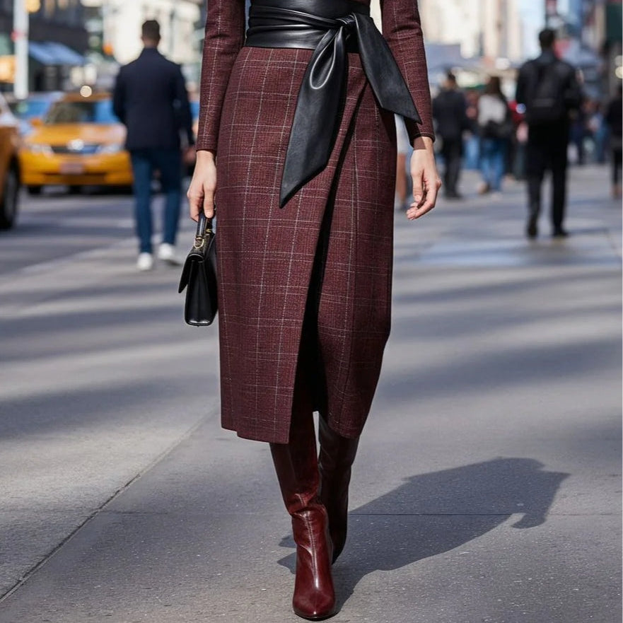 Women's Asymmetric Dress with Sweetheart Neckline, Plaid Belt, Elegant