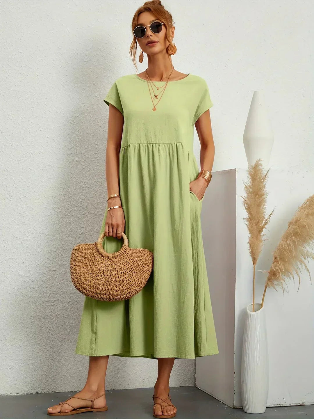 Dress : -Ursina™ | Fluid Midi Dress- in van Cow Clothing